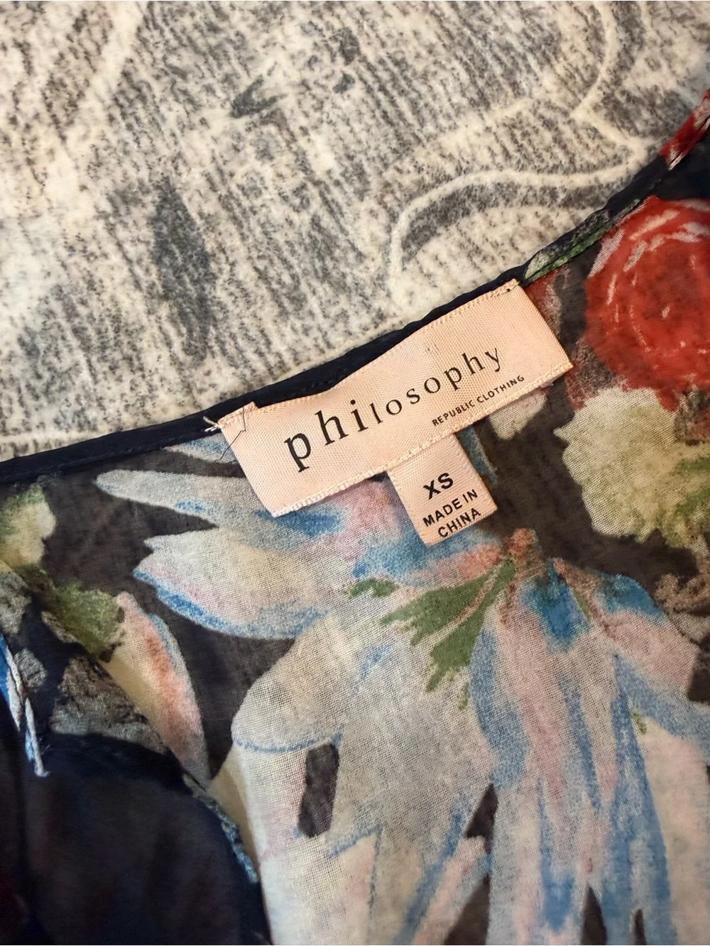 Philosophy Navy Floral Sheer Blouse with Red and Blue Accents
